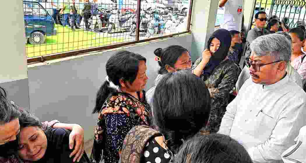 Home Minister Govindas Konthoujam visits the family members of Wilson Thanga on Thursday, the civilian killed in the ambush near Jouzangtek in Manipur’s Noney district on Wednesday evening. (Image: AT) 