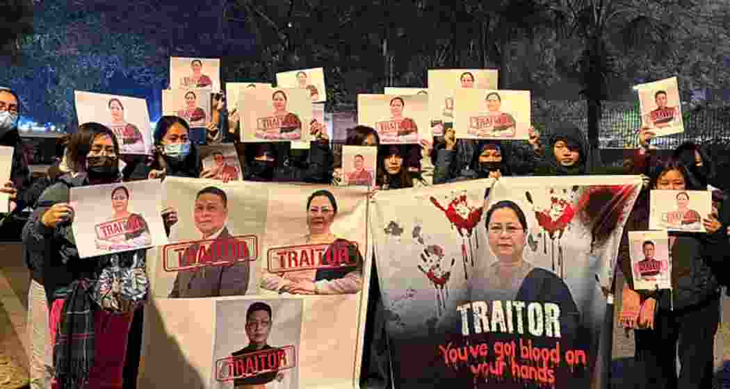 Members of a Kuki-Zo tribal forum protest against Deputy Chief Minister Nemcha Kipgen, one of the 10 Kuki-Zo MLAs sworn in as part of the new Manipur government, demanding her removal, justice and a separate administration. (Image: Mrinalini Dhyani)