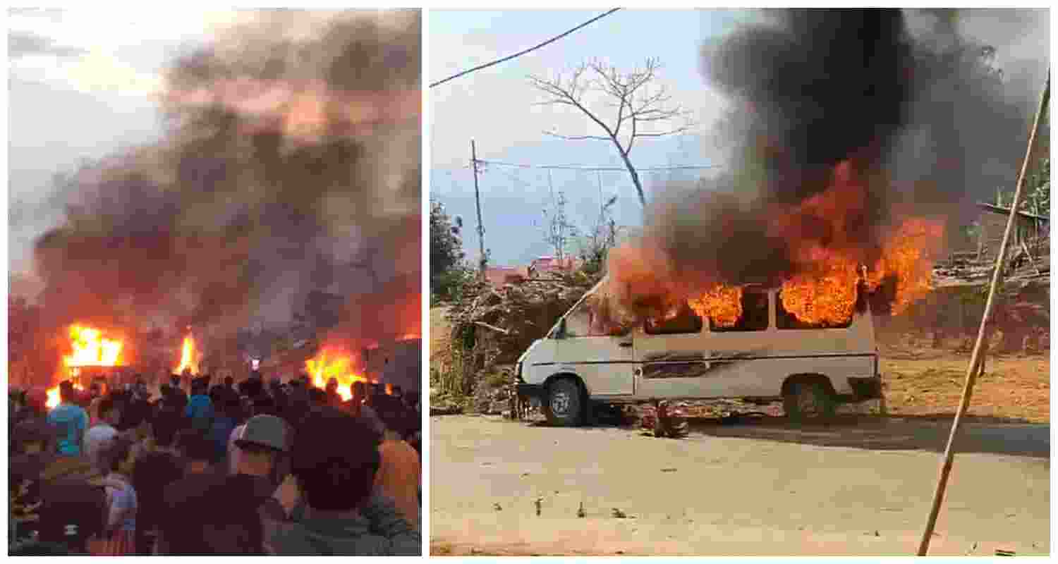 A peace march by the Meitei body FOCS in Imphal West halted (L) as protests erupted in Kangpokpi against the government's free movement directive, with demonstrators blocking highways and setting vehicles ablaze.