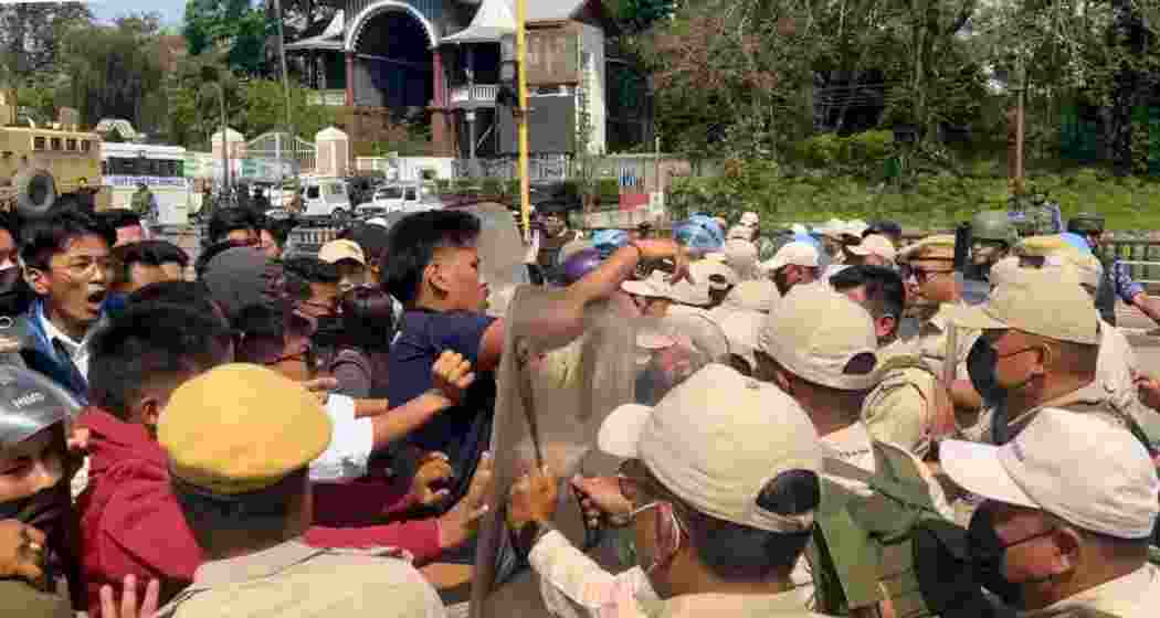 Protesters scuffle with police during demonstrations following the killing of two children in the April 7 Bishnupur mortar blast, as tensions continue to grip Manipur’s valley districts.