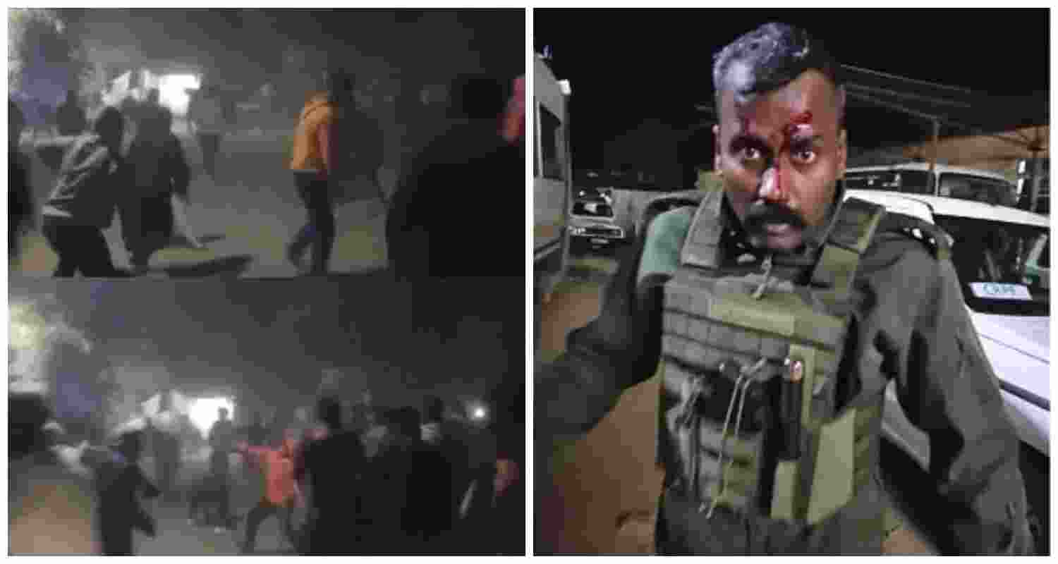 An unruly mob (L) attacking the office of Superintendent of Police M Prabhakar (R) in protest against the central armed forces’ presence in Kangpokpi, Manipur