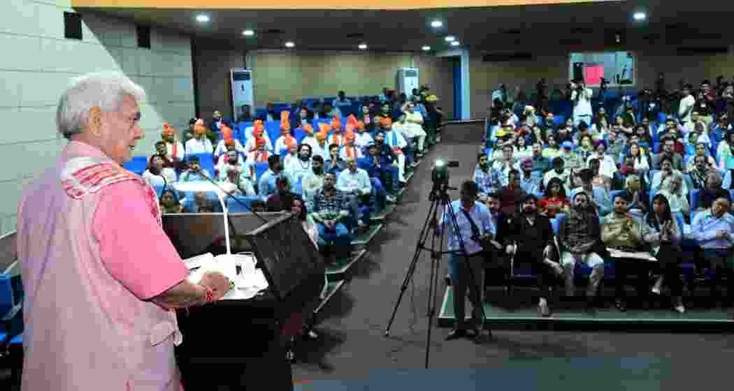 Lieutenant Governor Manoj Sinha speaking at the ‘Tawi Filmotsav,’ a short film festival in Jammu on Sunday.