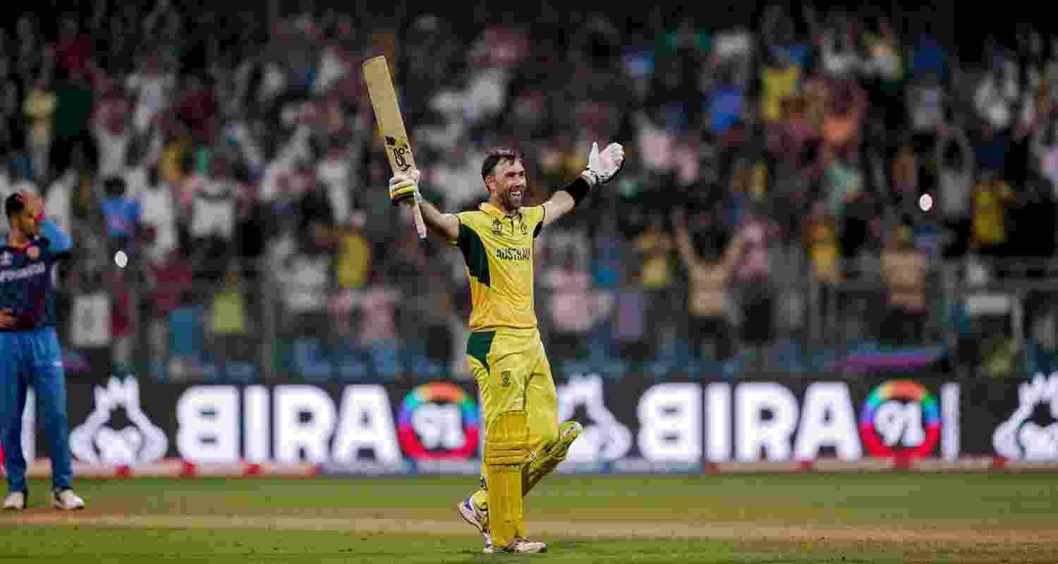 Australian batsman Glenn Maxwell wearing the australian yellow jersey celebrates his legendary knock against Afghanistan in the ICC Cricket World Cup 2023.