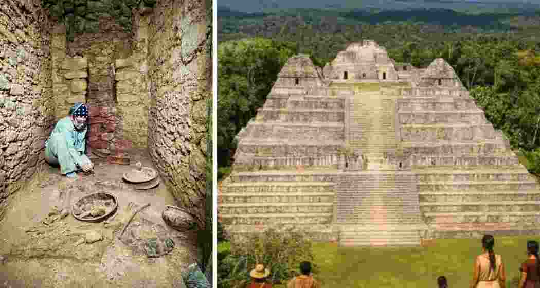 Archaeologists unearthed the royal tomb of Te K’ab Chaak, Caracol’s first Mayan king, in Belize (picture on left). The tomb was found deep within Caana or the “Sky Place”- the tallest structure in Caracol (R).

