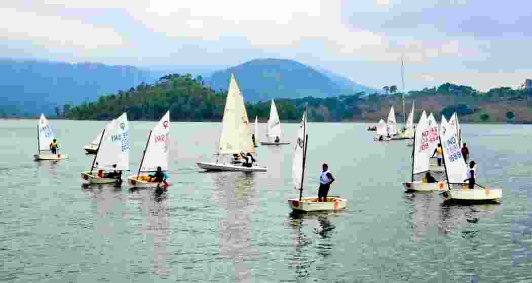 Sailors compete during a regatta at Umiam Lake in Meghalaya, as the state hosts back-to-back sailing events to boost sports tourism and position the venue on the global map.