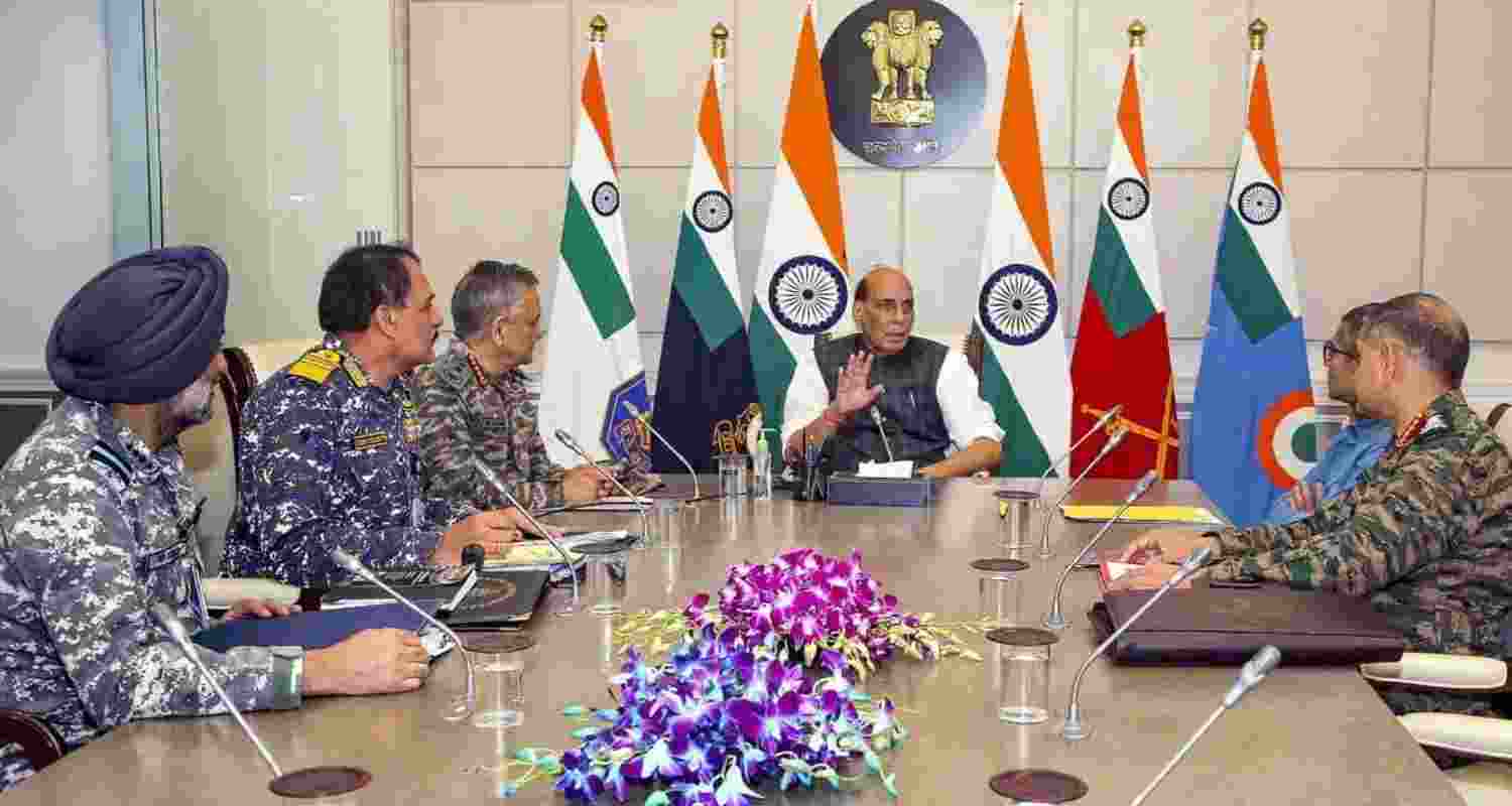 Defence Minister Rajnath Singh holds a meeting with CDS General Anil Chauhan, Army Chief General Upendra Dwivedi, Navy Chief Admiral Dinesh K Tripathi, IAF Chief Air Chief Marshal AP Singh, in New Delhi, on May 9, 2025. File photo.