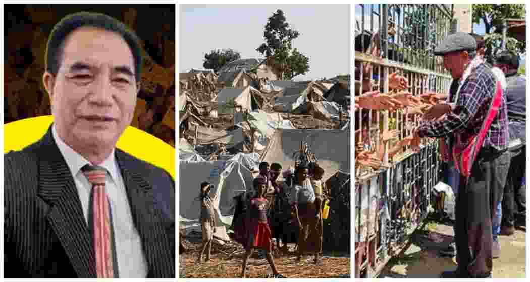 Zoram People's Movement (ZPM) Supremo and Mizoram Chief Minister Lalduhoma (L), refugees in a Mizoram village (C), Indian citizens shake hands with Myanmar nationals during a rally against scrapping of the Free Movement Regime (FMR), at Indo-Myanmar Friendship Gate, at Zokhawthar village along India-Myanmar border, in Champhai district of Mizoram in May this year (R).