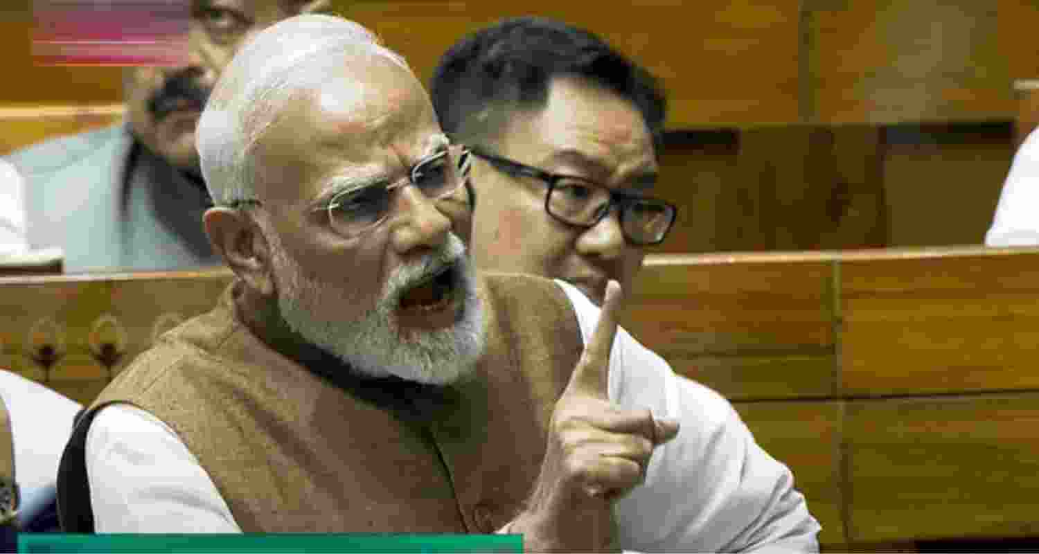 Prime Minister Narendra Modi speaks during a debate in the Lok Sabha on the Pahalgam terror attack and Operation Sindoor.