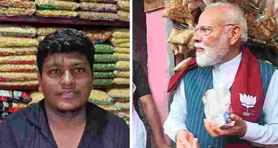 Snack stall owner Vikram Kumar Shaw (L), Prime Minister Narendra Modi (R) samples jhalmuri during an unscheduled stop in Jhargram.