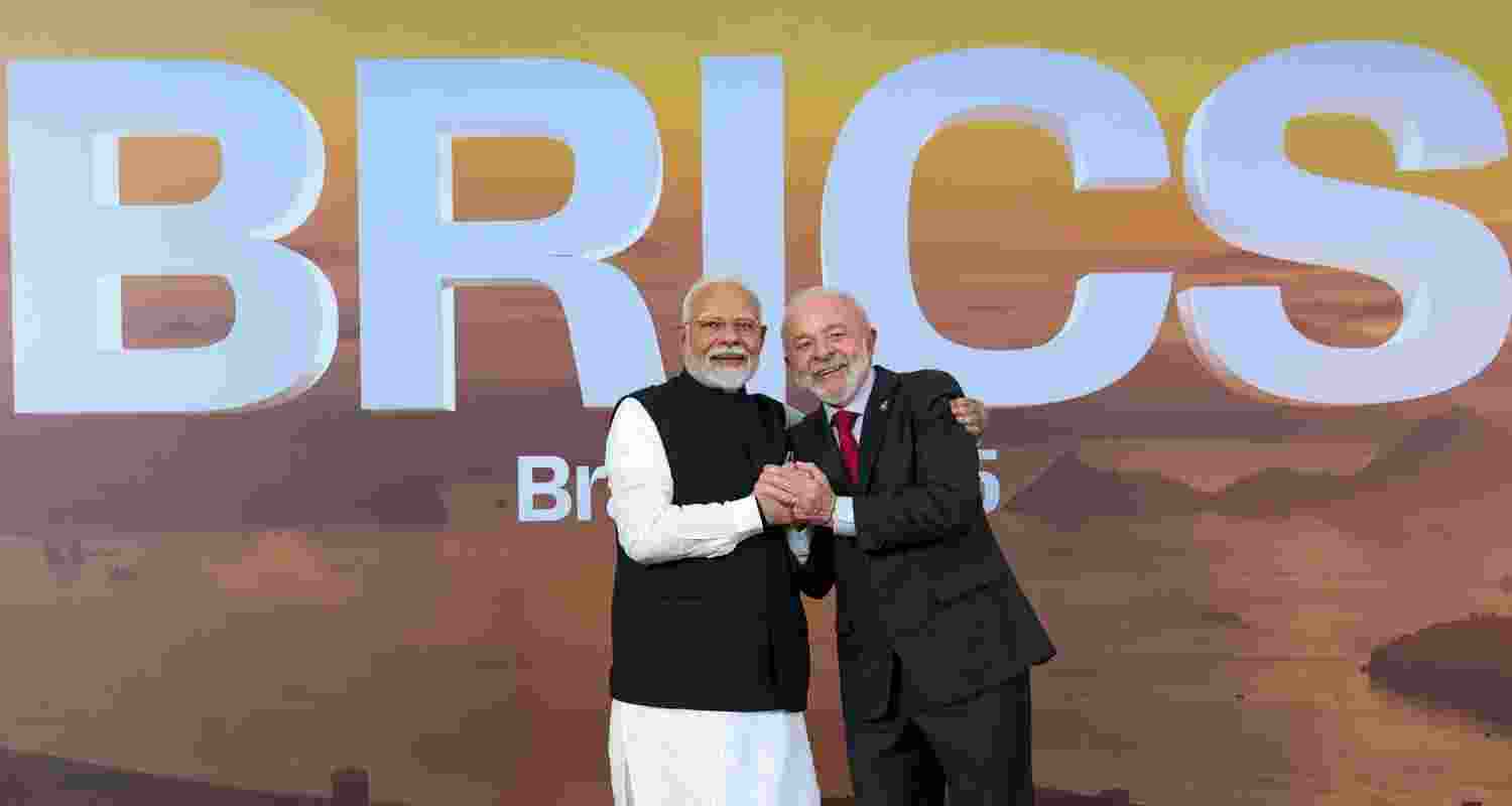 Prime Minister Narendra Modi with Brazilian President Luiz Inacio Lula da Silva upon his arrival at the Museum of Modern Art to participate in BRICS Summit, in Brazil.