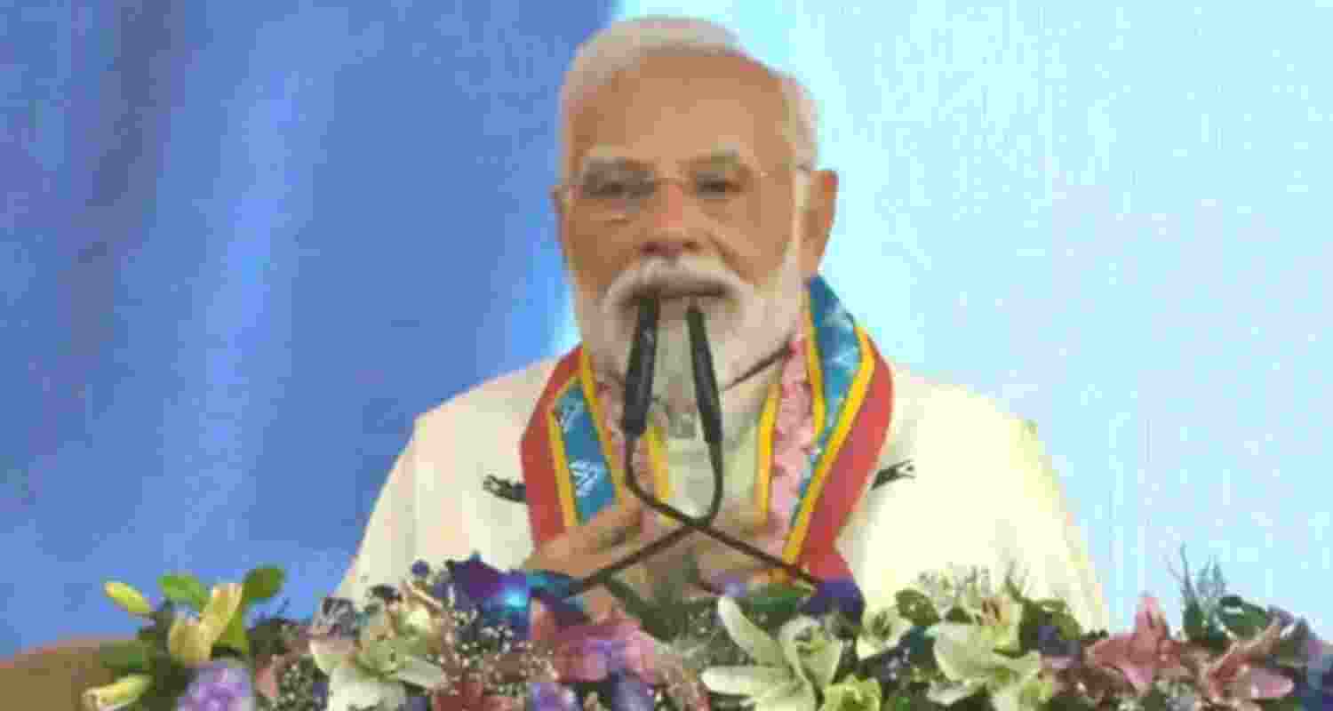 Prime Minister Narendra Modi addressing a gathering during a Chhattisgarh Rajat Mahotsav function in Raipur on Saturday.
