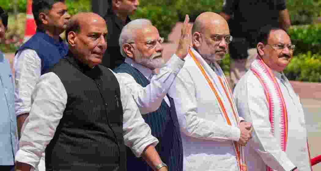 Prime Minister Narendra Modi with Defence Minister Rajnath Singh, Union Home Minister Amit Shah and BJP former president J P Nadda, prior to a meeting.