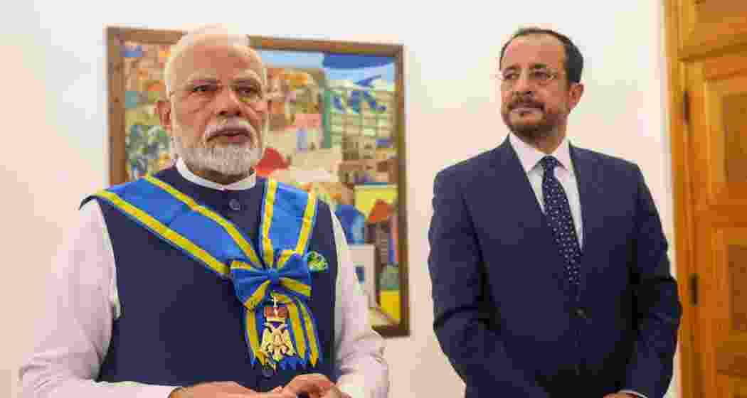 Prime Minister Narendra Modi addresses the media after being conferred with Cyprus’s highest civilian honour by President Nikos Christodoulides during a ceremony in Nicosia.