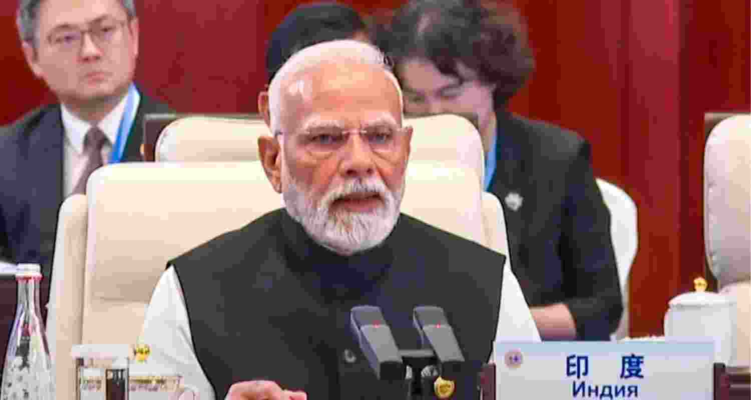 Prime Minister Narendra Modi addresses the plenary session of the 25th SCO Heads of State Council Summit, in Tianjin, China, on September 1.
