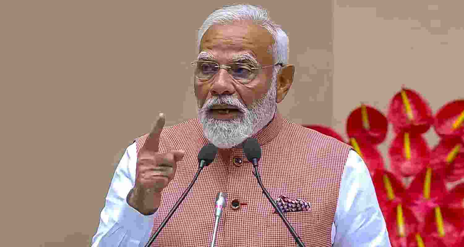 PM Modi addressing the 98th Akhil Bharatiya Marathi Sahitya Sammelan in New Delhi, Friday.