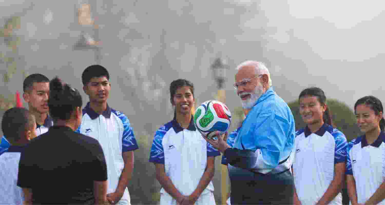 Swapping his usual attire for football gear, the Prime Minister appeared to be in high spirits as he took part in the session against the scenic backdrop of the Sikkimese capital.