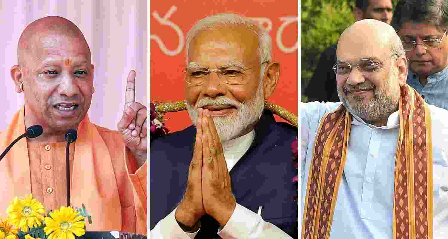 From left to right: UP CM Yogi Adityanath, PM Narendra Modi, and HM Amit Shah.