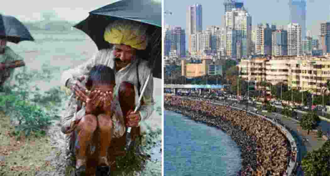 A farmer with his child braves heavy rain in Rajasthan, while Mumbai’s Marine Drive witnesses a hot, dry spell, highlighting the monsoon’s uneven spread.