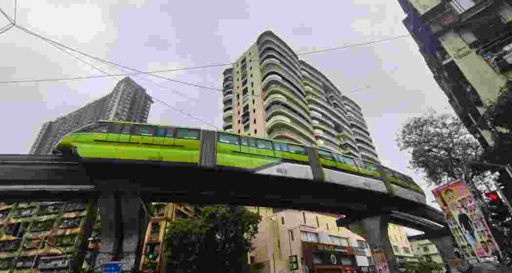 A Mumbai monorail train stuck mid-way near Wadala station following a technical snag on Monday. 