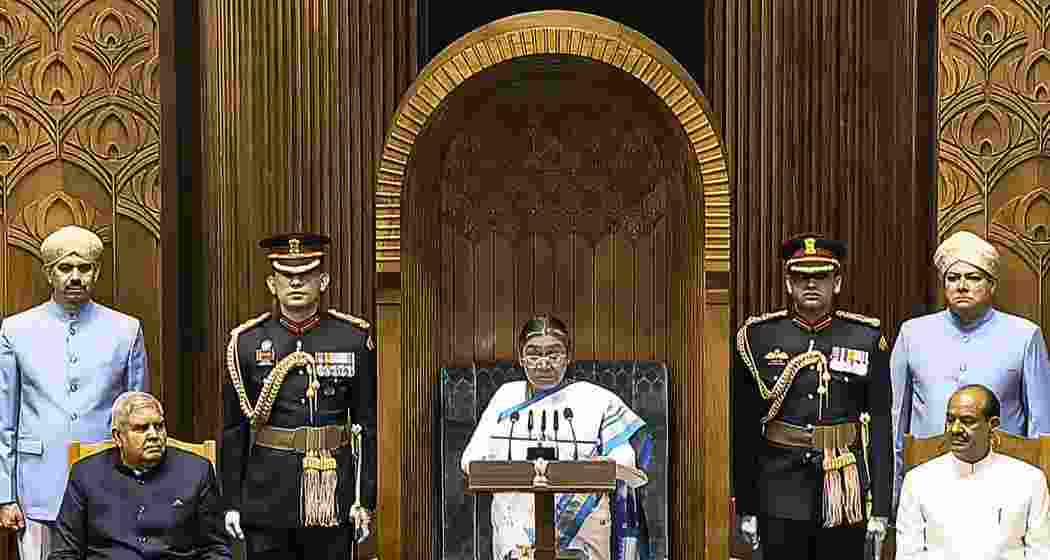 President Droupadi Murmu addresses the joint sitting of both Houses of Parliament on the first day of the Budget Session, in New Delhi, Friday, Jan. 31, 2025. Vice President and Rajya Sabha Chairman Jagdeep Dhankhar and Lok Sabha Speaker Om Birla are also seen.