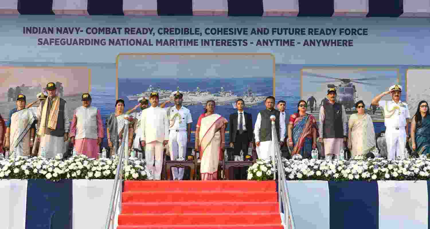 President Droupadi Murmu with Odisha Governor Raghubar Das, CM Mohan Charan Majhi and others attend Navy Day celebrations at Puri beach, Odisha, Wednesday