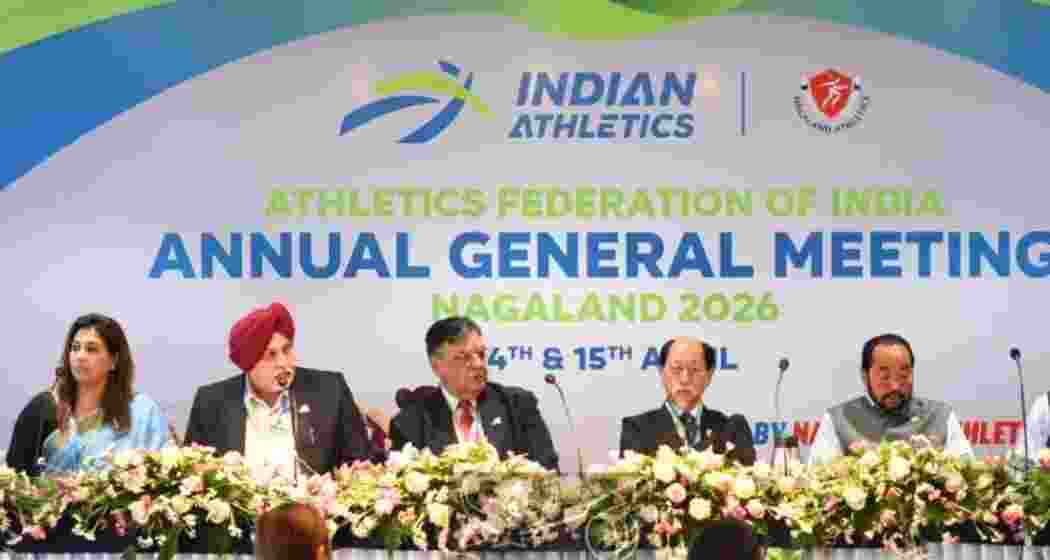 Officials at the Athletics Federation of India general body meeting in Kohima alongside Chief Minister Neiphiu Rio and Deputy Chief Minister Yanthungo Patton.