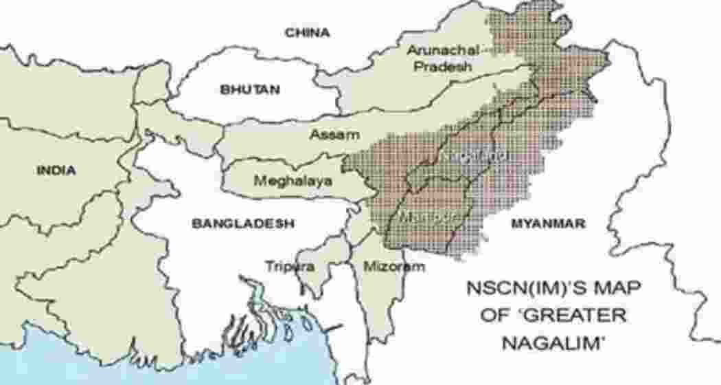 A map released by the NSCN-IM showing the claimed areas of Nagalim, including Karbi Anglong and North Cachar Hills in Assam, along with significant portions of Golaghat, Sibasagar, Dibrugarh, Tinsukia, and Jorhat.
