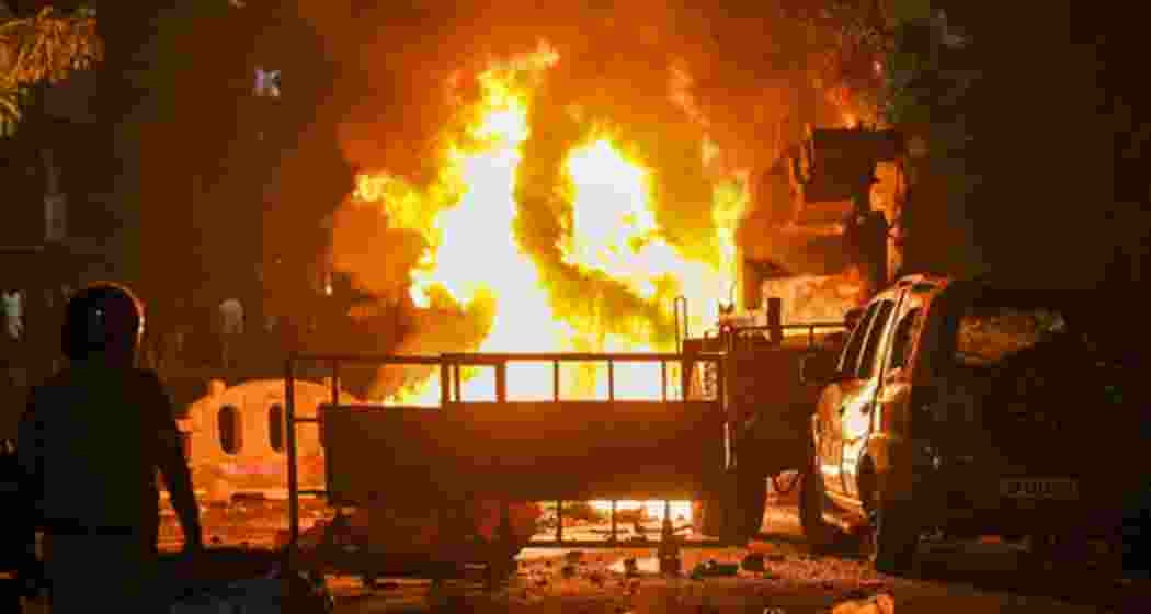 Vehicles burn during Nagpur riots, following clashes over the alleged desecration of a religious chadar.