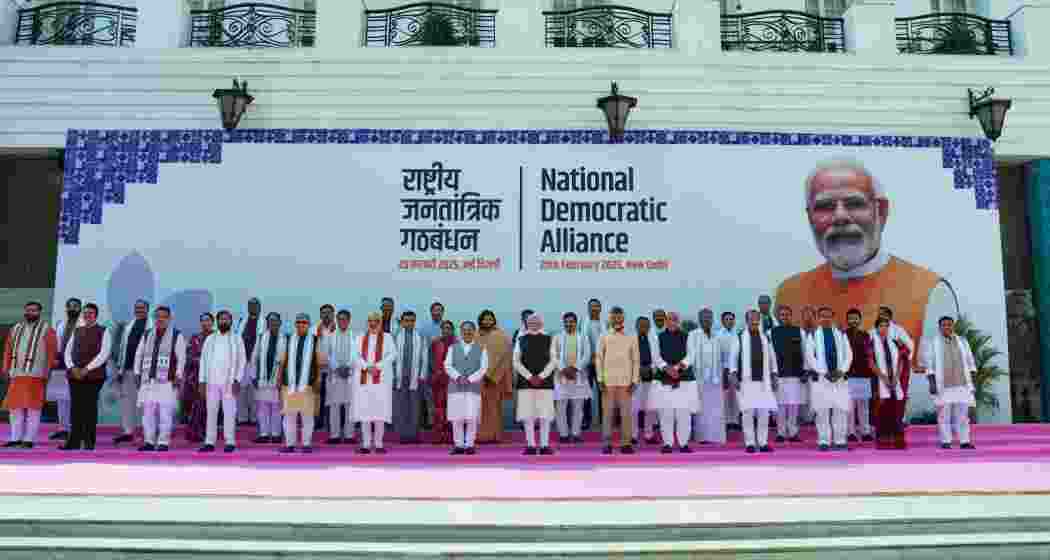  Prime Minister Narendra Modi with Union Ministers Rajnath Singh, Amit Shah, JP Nadda, Andhra Pradesh Chief Minister N Chandrababu Naidu and other dignitaries during a meeting of NDA chief ministers over lunch, in New Delhi on Thursday, Feb. 20, 2025.