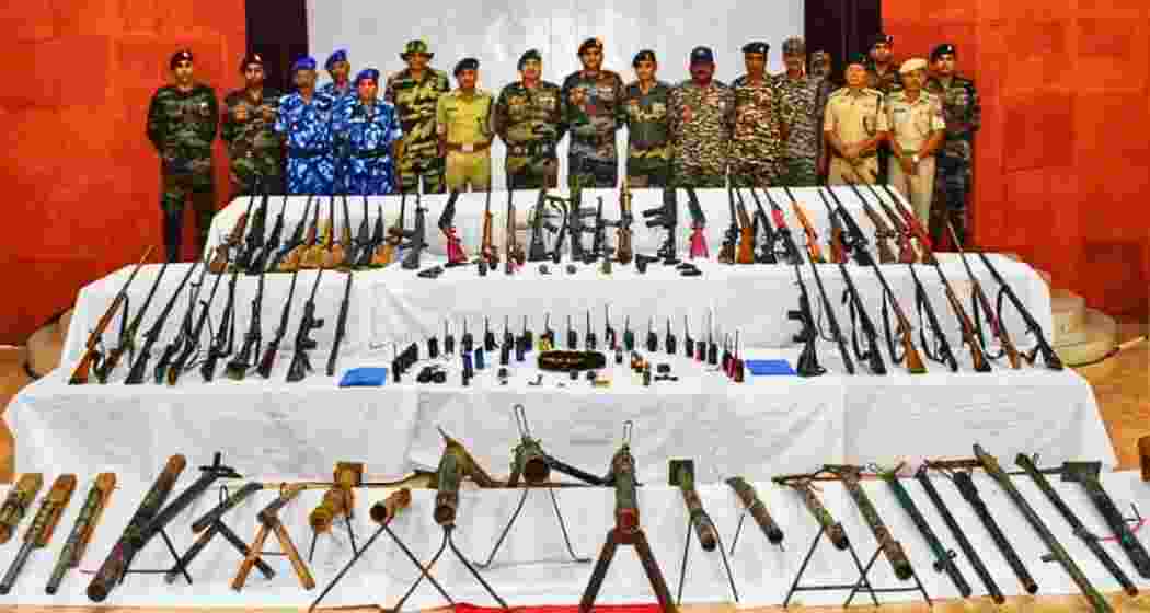 Security forces display seized arms and ammunition during joint counter-insurgency operations in Manipur, highlighting ongoing efforts to address insurgency and explosive threats across the Northeast in 2025. (Representational image)