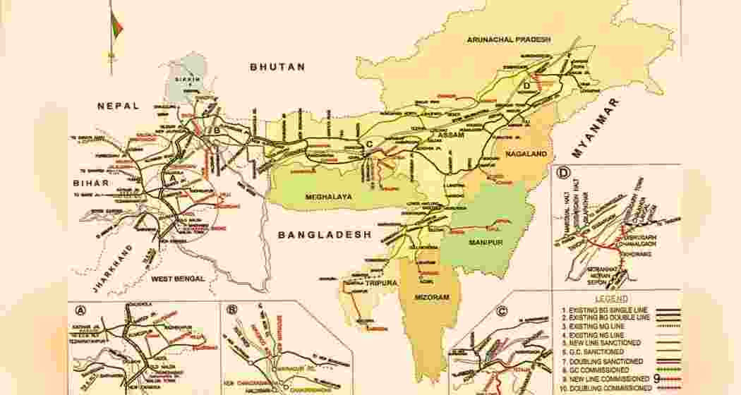 A map showing rail connectivity in the northeast region of India.