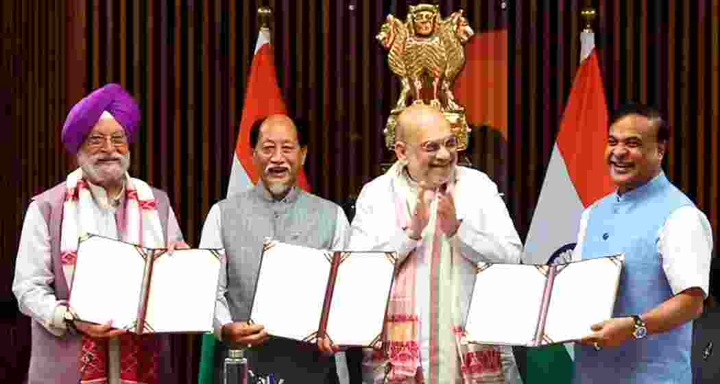 Union Minister Hardeep Singh Puri, Chief Minister Neiphiu Rio, Union Home Minister Amit Shah and Assam CM Himanta Biswa Sarma in New Delhi, on Thursday.