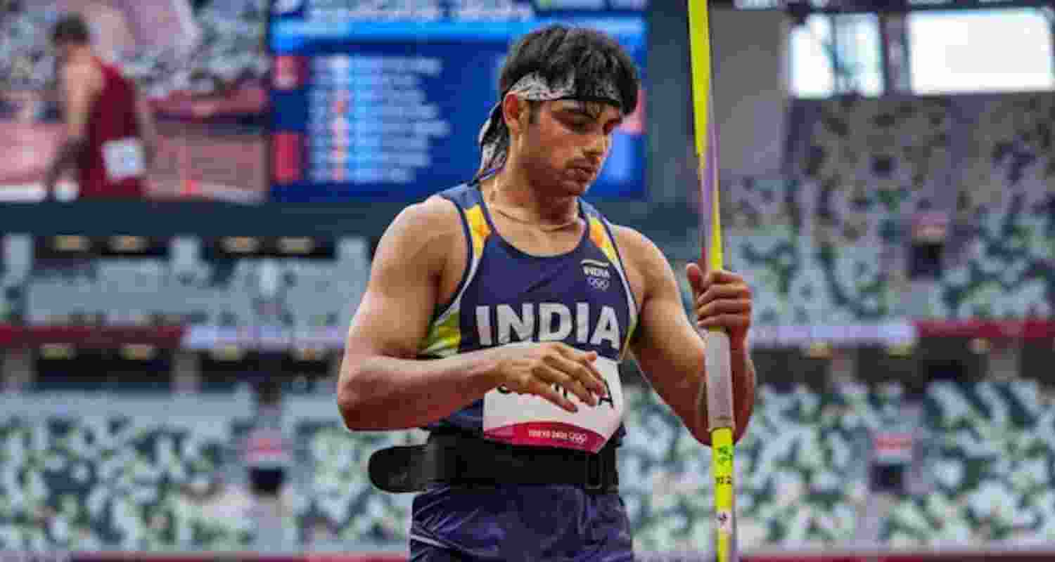 Image of Ace Indian javelin thrower Neeraj Chopra during event. 