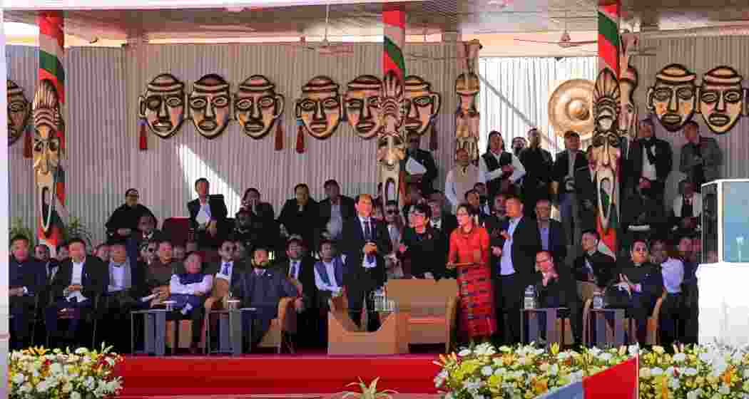 Chief Minister Neiphiu Rio addressing the 62nd Statehood Day celebrations at Kohima, celebrating progress in healthcare, youth empowerment, and cultural vibrancy in Nagaland.