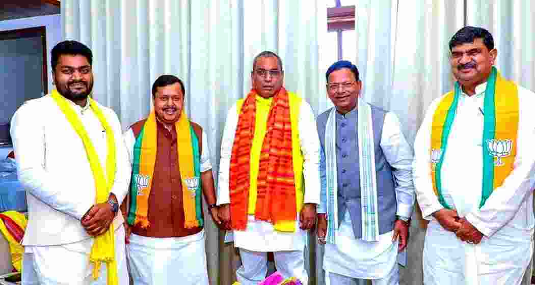 BJP National President Nitin Nabin, with Uttar Pradesh BJP chief Pankaj Chaudhary and state minister Om Prakash Rajbhar, participates in a meeting with senior leaders of NDA constituent parties in Lucknow on Sunday.