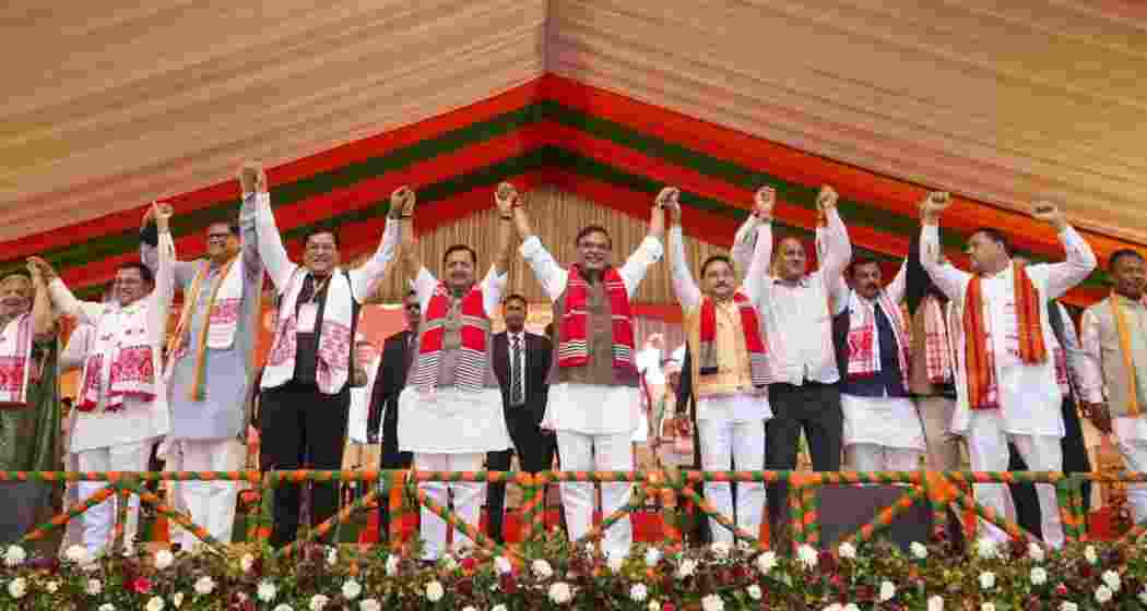 Assam CM Himanta Biswa, BJP National President Nitin Nabin, State party President Dilip Saikia and others during a public meeting, in Dibrugarh on Wednesday.