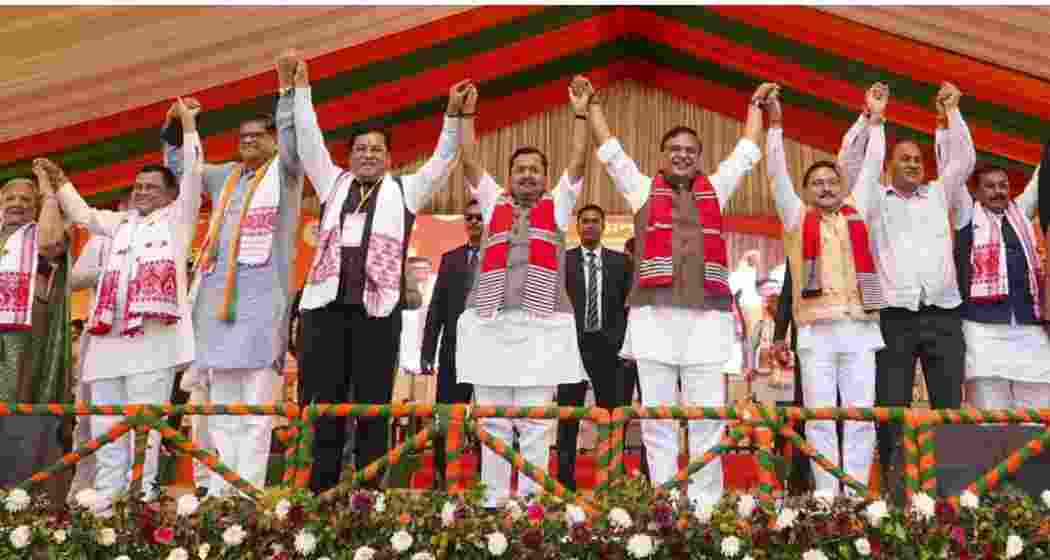Assam CM Himanta Biswa, BJP National President Nitin Nabin, State party President Dilip Saikia and others during a public meeting, in Dibrugarh. (PTI)