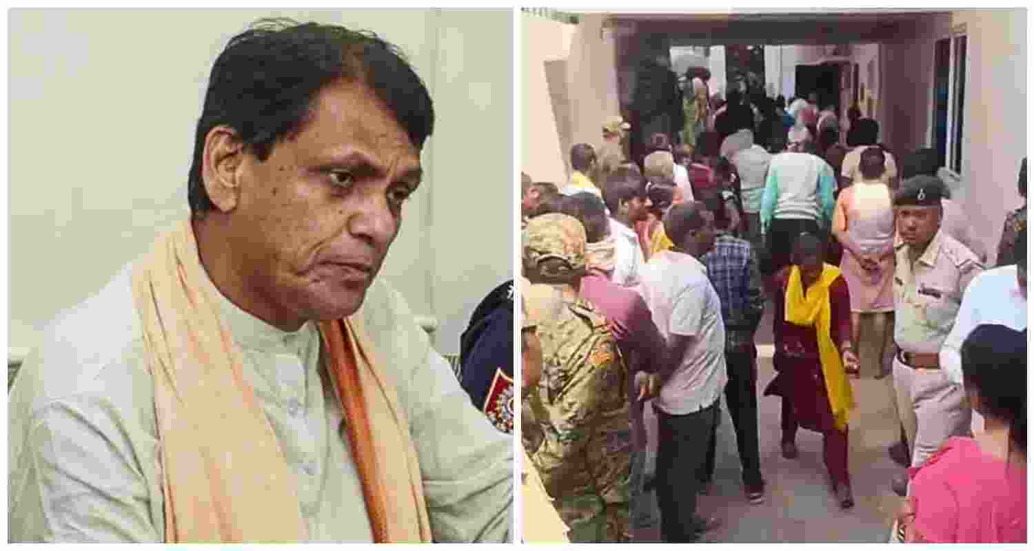 Union Minister Nityanand Rai. Locals along with security personnel at Jagatpur village, Bhagalpur, where Union Minister Nityanand Rai’s nephew was shot dead in a gunfight between siblings, leaving his sister critically injured (R).