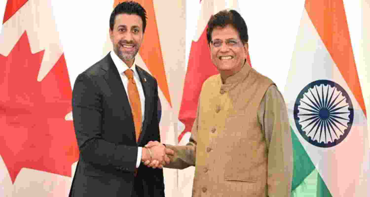 Union Commerce Minister Piyush Goyal greeting Canada's Minister of Export Promotion, International Trade and Economic Development Maninder Sidhu during the India-Canada Ministerial Dialogue on Trade and Investment in New Delhi.