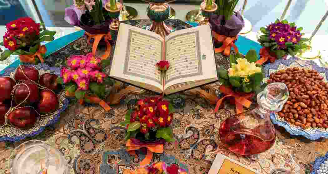 A beautifully arranged Haft-Sīn table symbolising renewal and prosperity for Nowruz, featuring seven traditional items representing health, wealth, love, and rebirth, as families gather to welcome the Persian New Year.