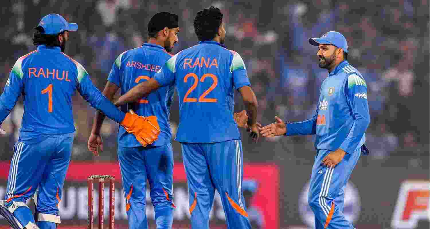 Rohit Sharma celebrating the wicket of South Africa's Marco Jansen with teammates during the second ODI match between India and South Africa in Raipur on Wednesday.