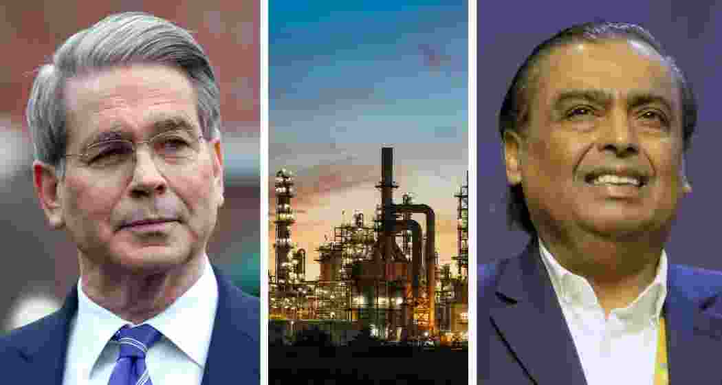 US Treasury Secretary Scott Bessent (left), a representative image of an Indian oil refinery (centre) and industrialist Mukesh Ambani (right).