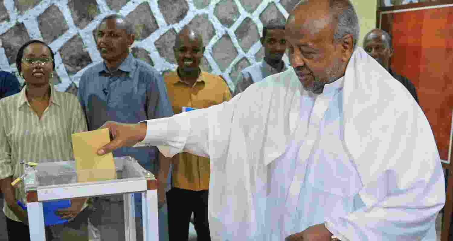 Djibouti President Ismail Omar Guelleh casting his vote at the City Hall polling station during the presidential election in Mouloud, Djibouti.