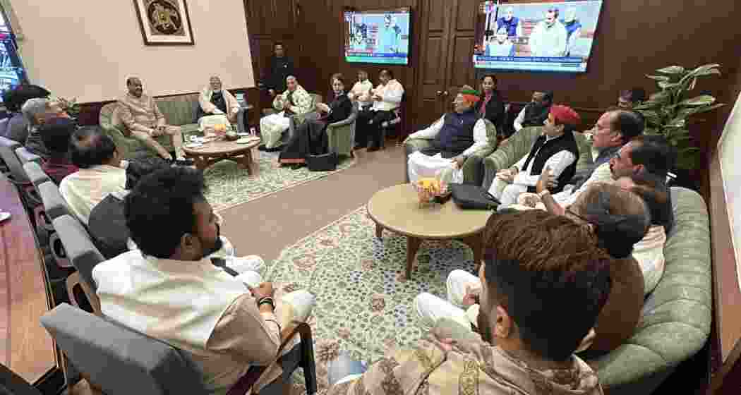 Prime Minister Narendra Modi and leaders from across parties meet Lok Sabha Speaker Om Birla after the Winter Session was adjourned sine die at Parliament House in New Delhi on Friday.