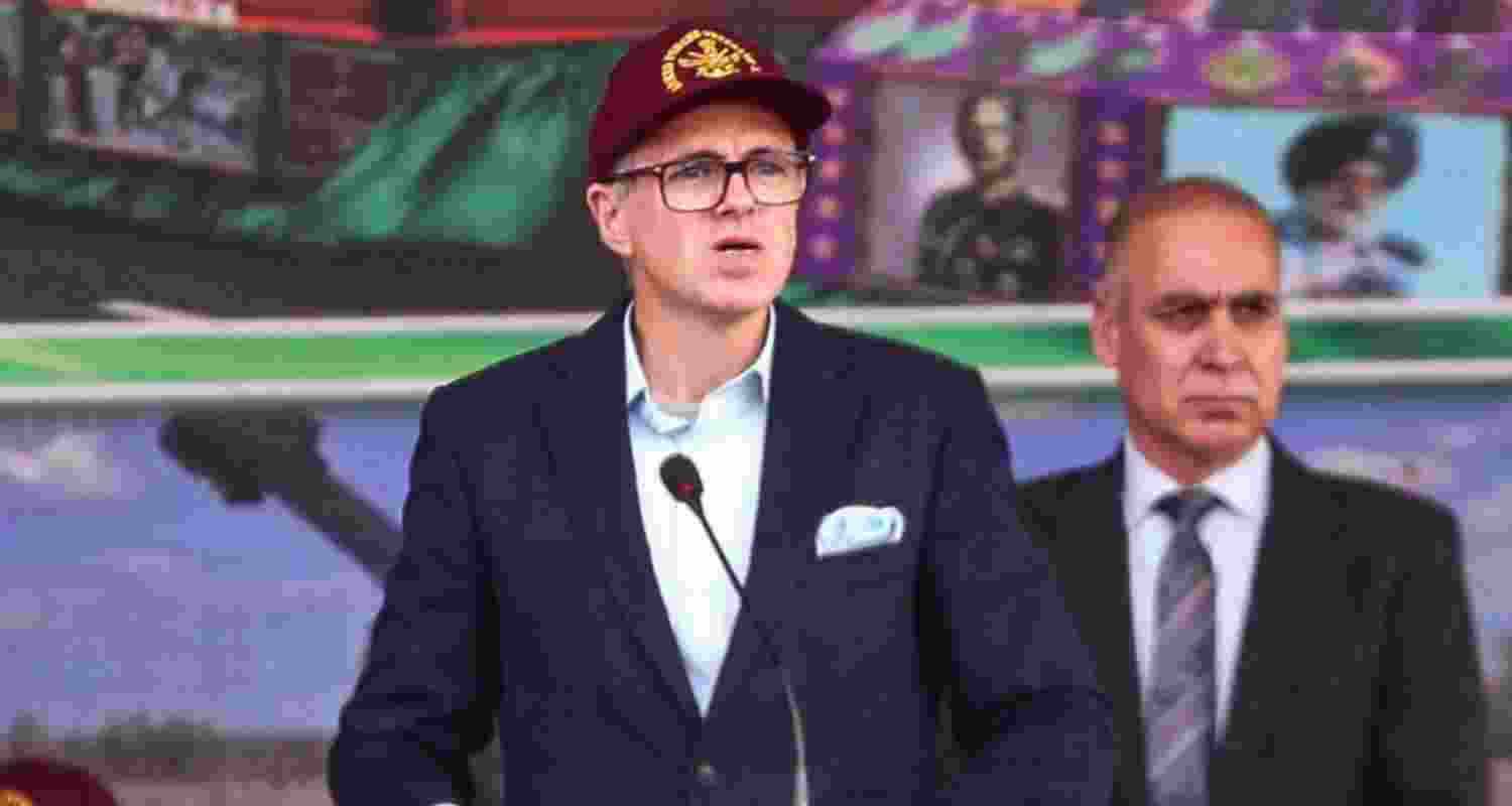 J&K Chief Minister Omar Abdullah speaks during the Armed Forces Veterans' Day function, at Akhnoor, in Jammu district, Tuesday. 