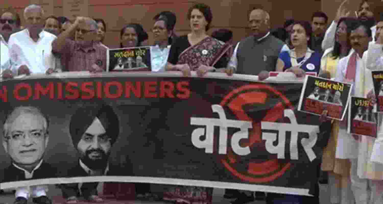 INDIA alliance MPs, including Mallikarjun Kharge, Priyanka Gandhi Vadra, protest against the Special Intensive Revision (SIR) of electoral rolls in poll-bound Bihar and allegations of 'vote chori' against the BJP and the Election Commission of India.