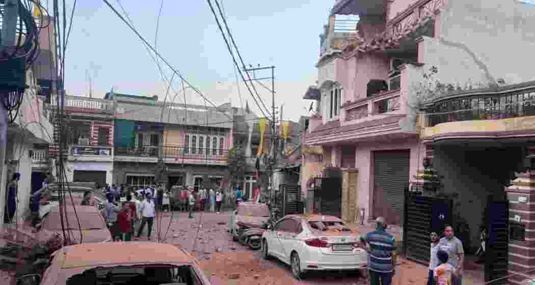 Damaged residential buildings in Jammu after a Pakistani drone attack early on Saturday, amid escalating cross-border tensions.