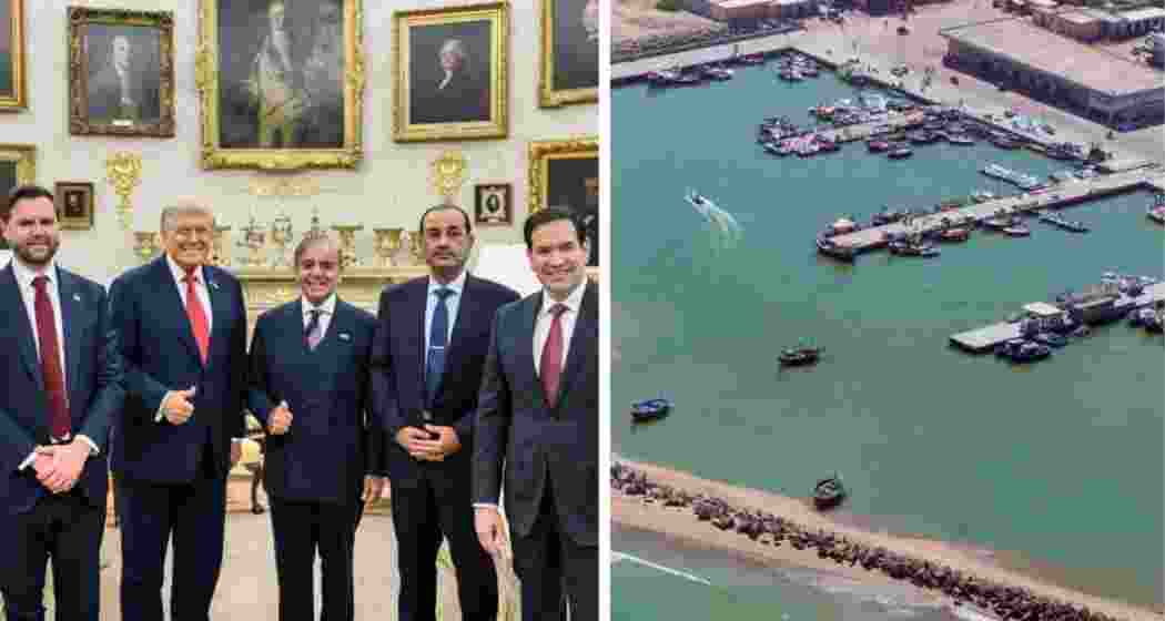 (From left to right) US Vice President JD Vance, US President Donald Trump, Pakistani Prime Minister Shehbaz Sharif, and Pakistan Army Chief General Asim Munir at the White House, Washington DC, during discussions on Pasni Port, Pakistan.