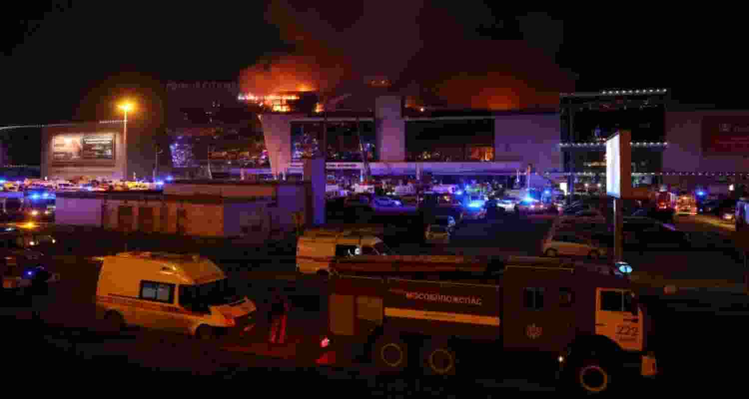 A file photograph of the Crocus City Hall in Moscow suburbs burning after a shooting attack in which 150 people were killed.