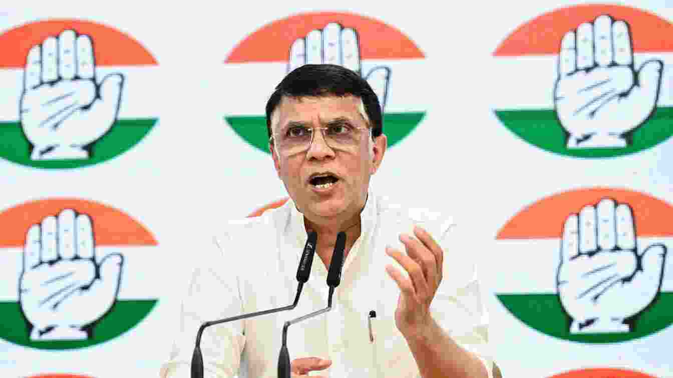 Congress Spokesperson Pawan Khera addresses a press conference at the AICC headquarters in New Delhi.